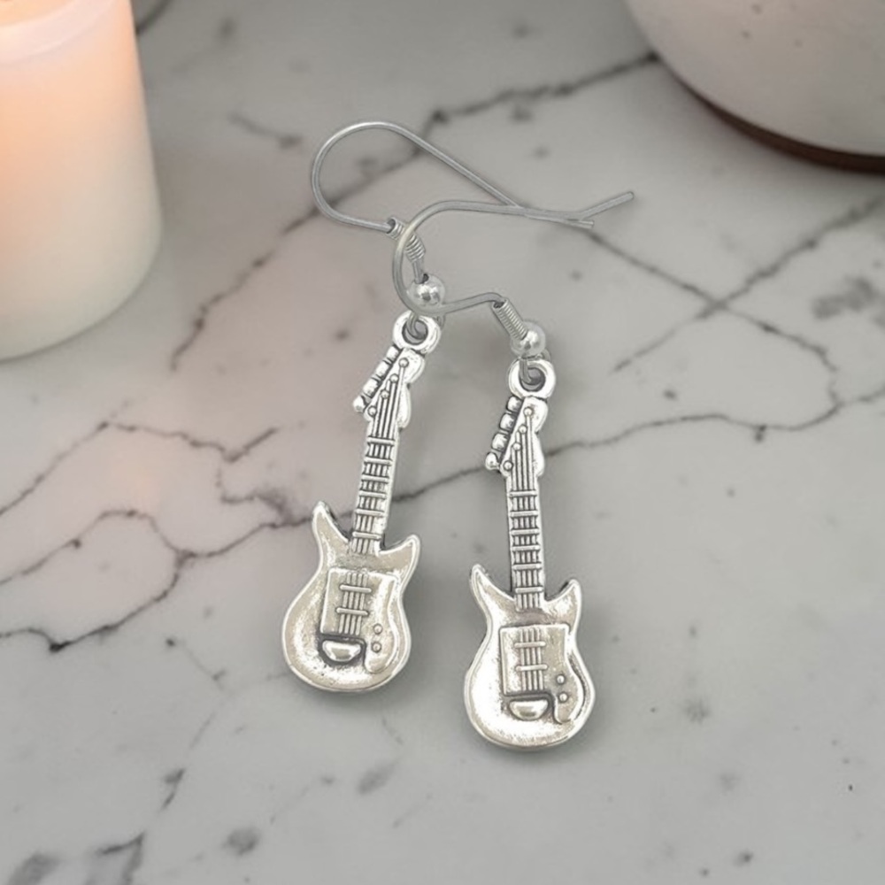 Silver Guitar Dangle Earrings | Music Lover Jewelry